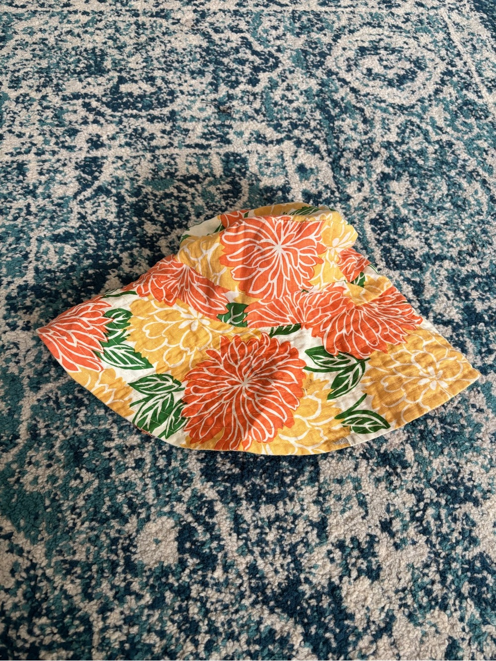 Faithfull 100% linen orange yellow maximalist floppy floral bucket sun hat